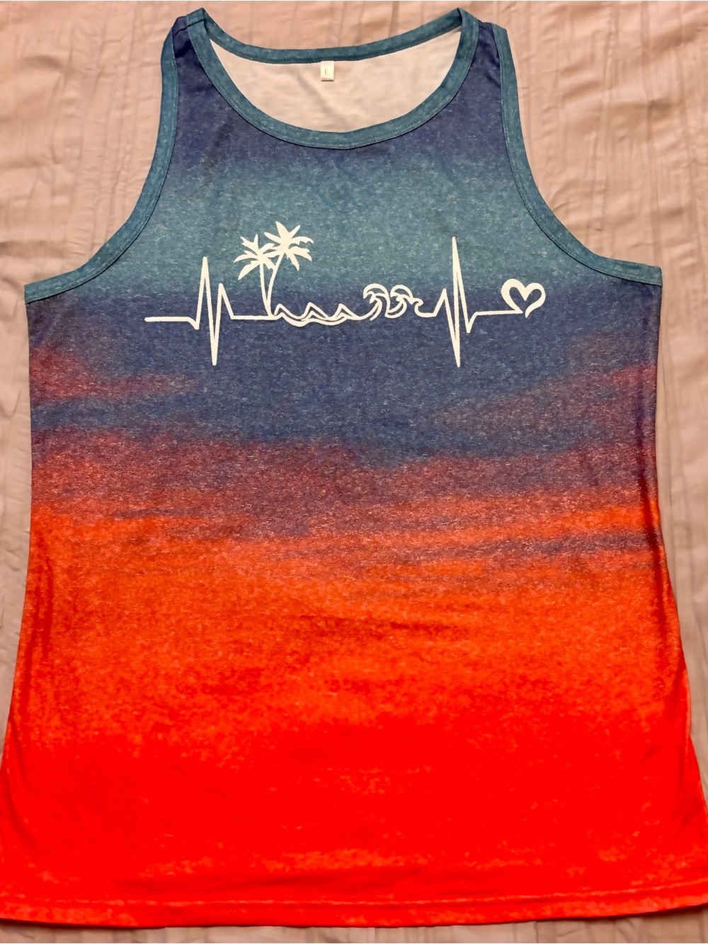 Source Unknown Blue to Orange Ombre Palm Tree Wave Heart Tank Top